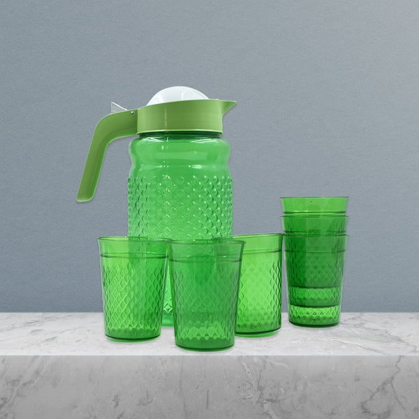 3734A Unbreakable Plastic Drinking Water/Juice Jug and 6 pieces Glass (Assorted color) 